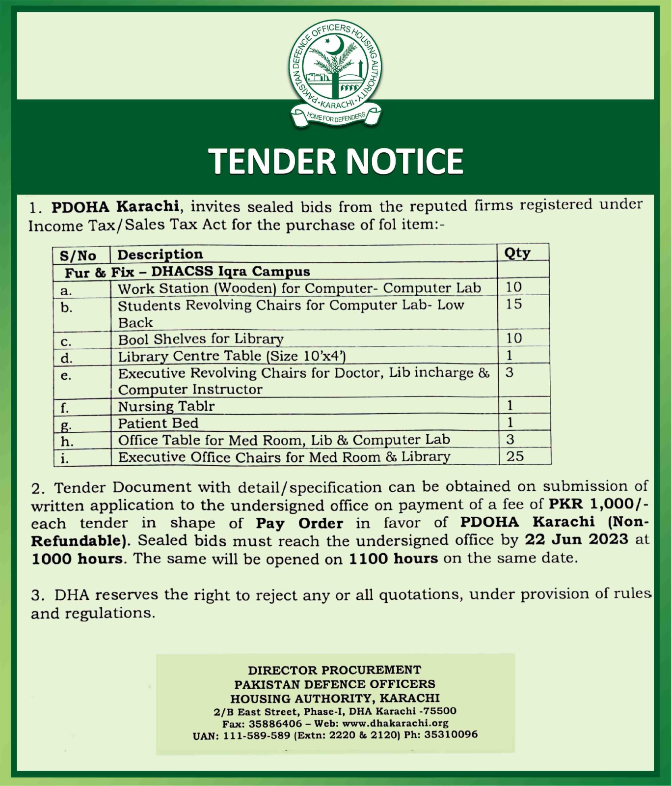Tenders DHA Karachi